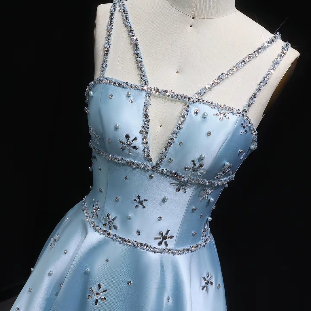 Luxury Blue Satin Evening Dress with Crystal Strap SS428