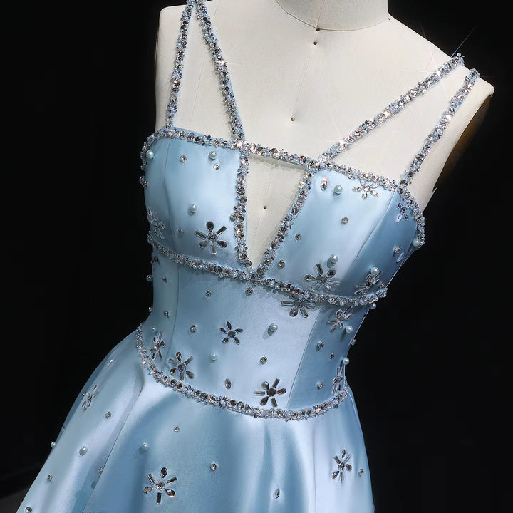 Luxury Blue Satin Evening Dress with Crystal Strap SS428