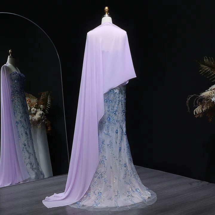 Elegant Lilac Crystal Beaded Evening Dress with Flowing Cape SS641