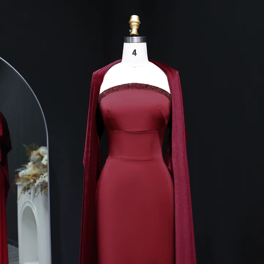 Elegant Wine Red Strapless Evening Dress with Cape SF005