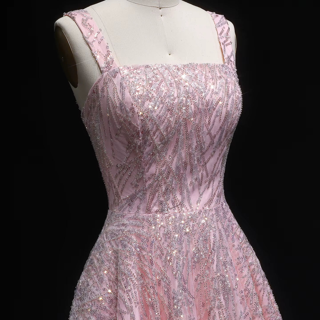 Elegant Pink Beaded Sequin A-Line Sleeveless Evening Dress SS702