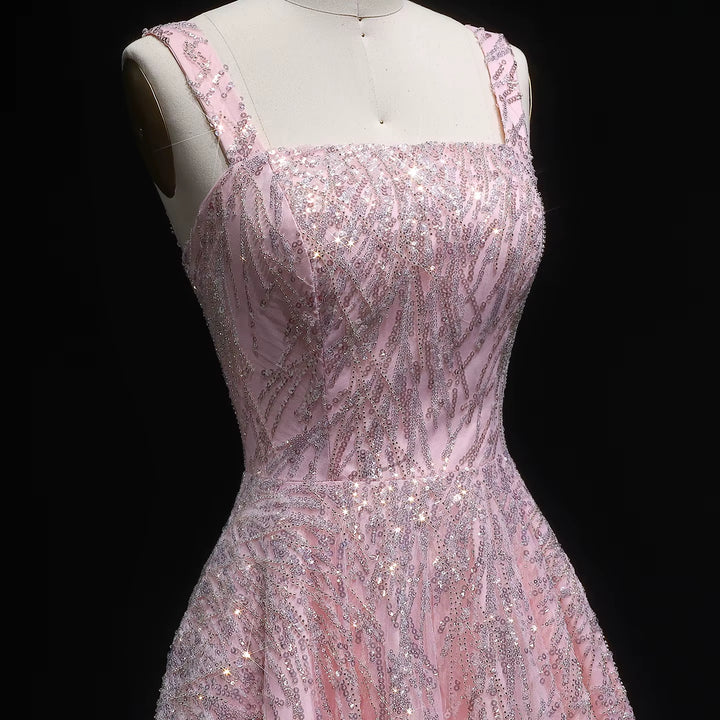 Elegant Pink Beaded Sequin A-Line Sleeveless Evening Dress SS702