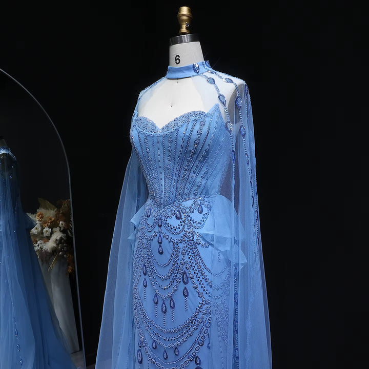 Luxury Beaded Blue Evening Gown with Cape Sleeves and Overskirt SS092