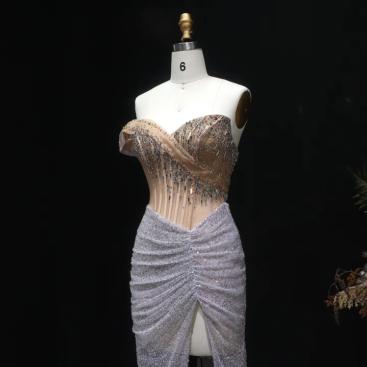 Elegant Silver Crystal Beaded Evening Dress with High Slit SS563