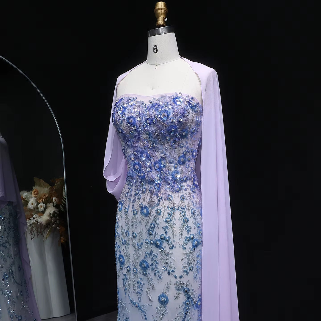 Elegant Lilac Crystal Beaded Evening Dress with Flowing Cape SS641