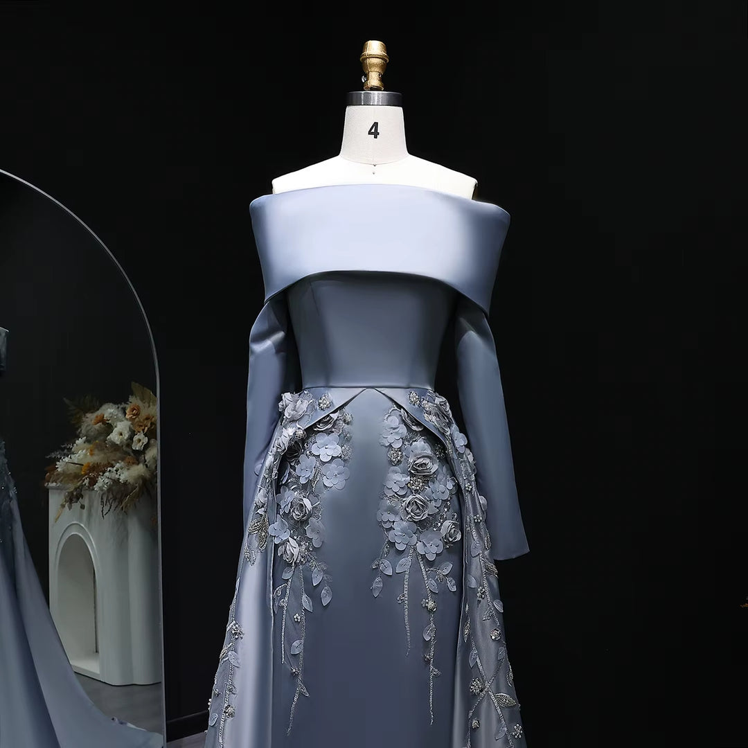Luxury Gray Beaded Evening Dress with 3D Floral Overskirt SS228