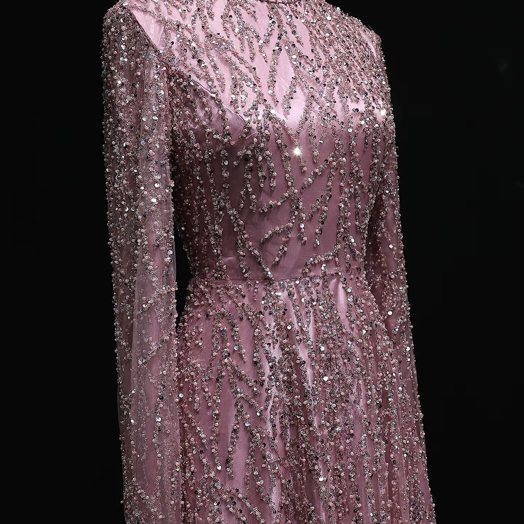 Luxury Dusty Pink High Neck Sequin Embellished Evening Dress SS621