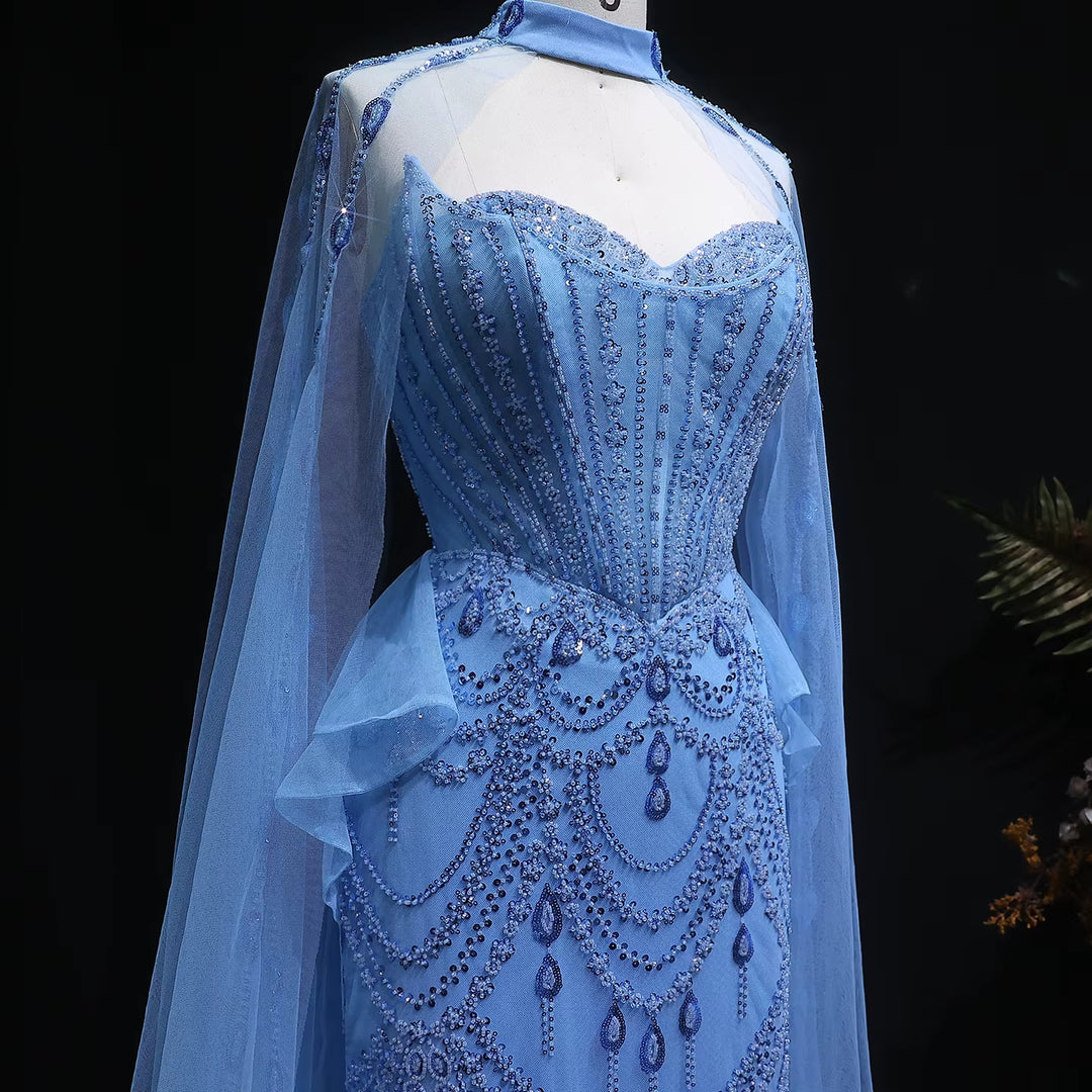 Luxury Beaded Blue Evening Gown with Cape Sleeves and Overskirt SS092