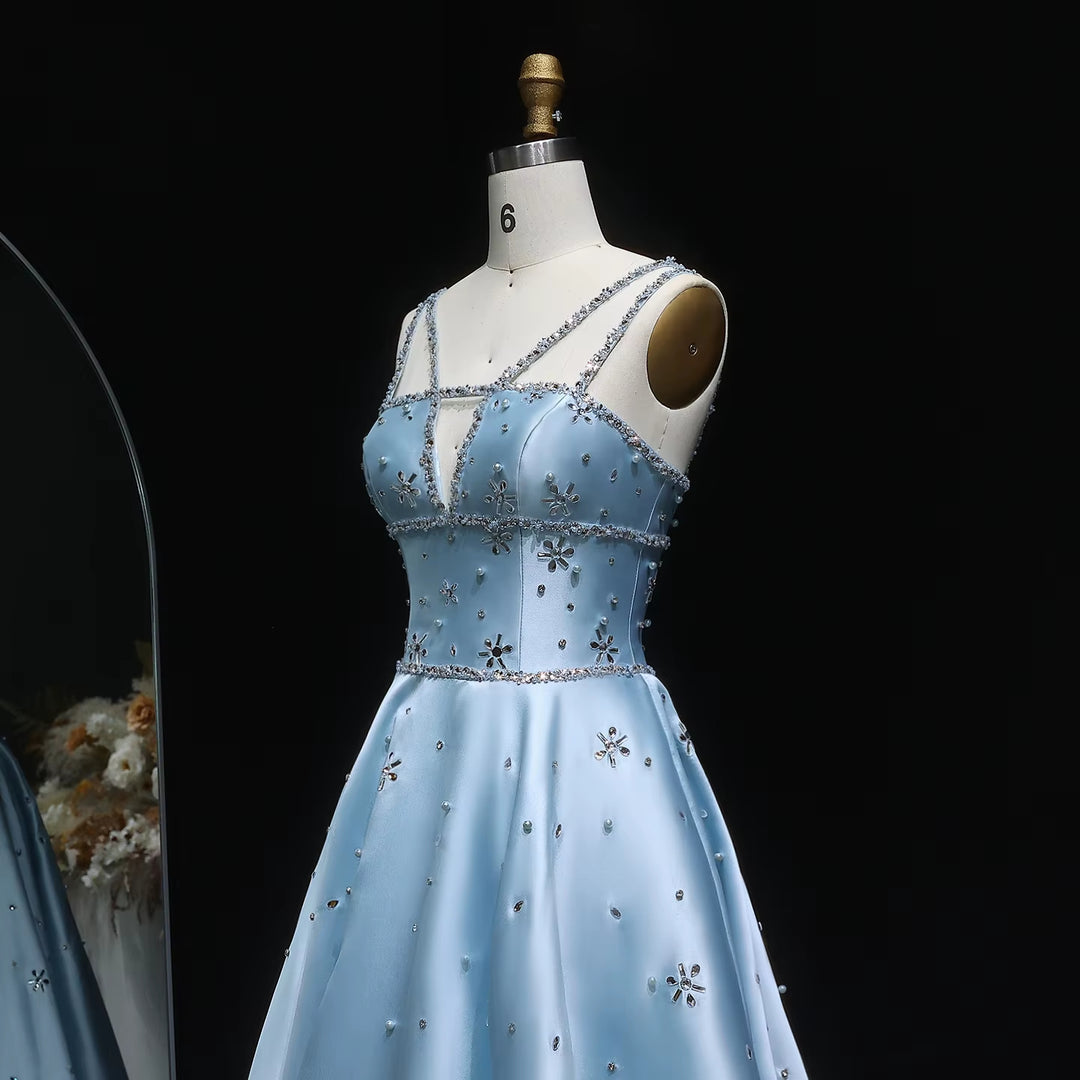 Luxury Blue Satin Evening Dress with Crystal Strap SS428
