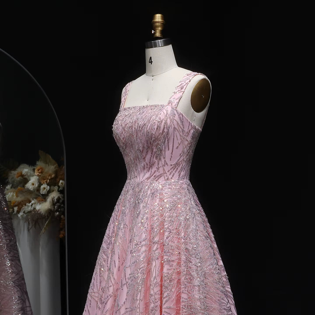 Elegant Pink Beaded Sequin A-Line Sleeveless Evening Dress SS702