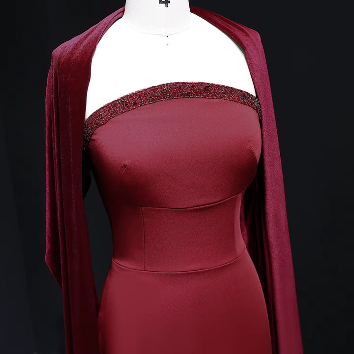 Elegant Wine Red Strapless Evening Dress with Cape SF005