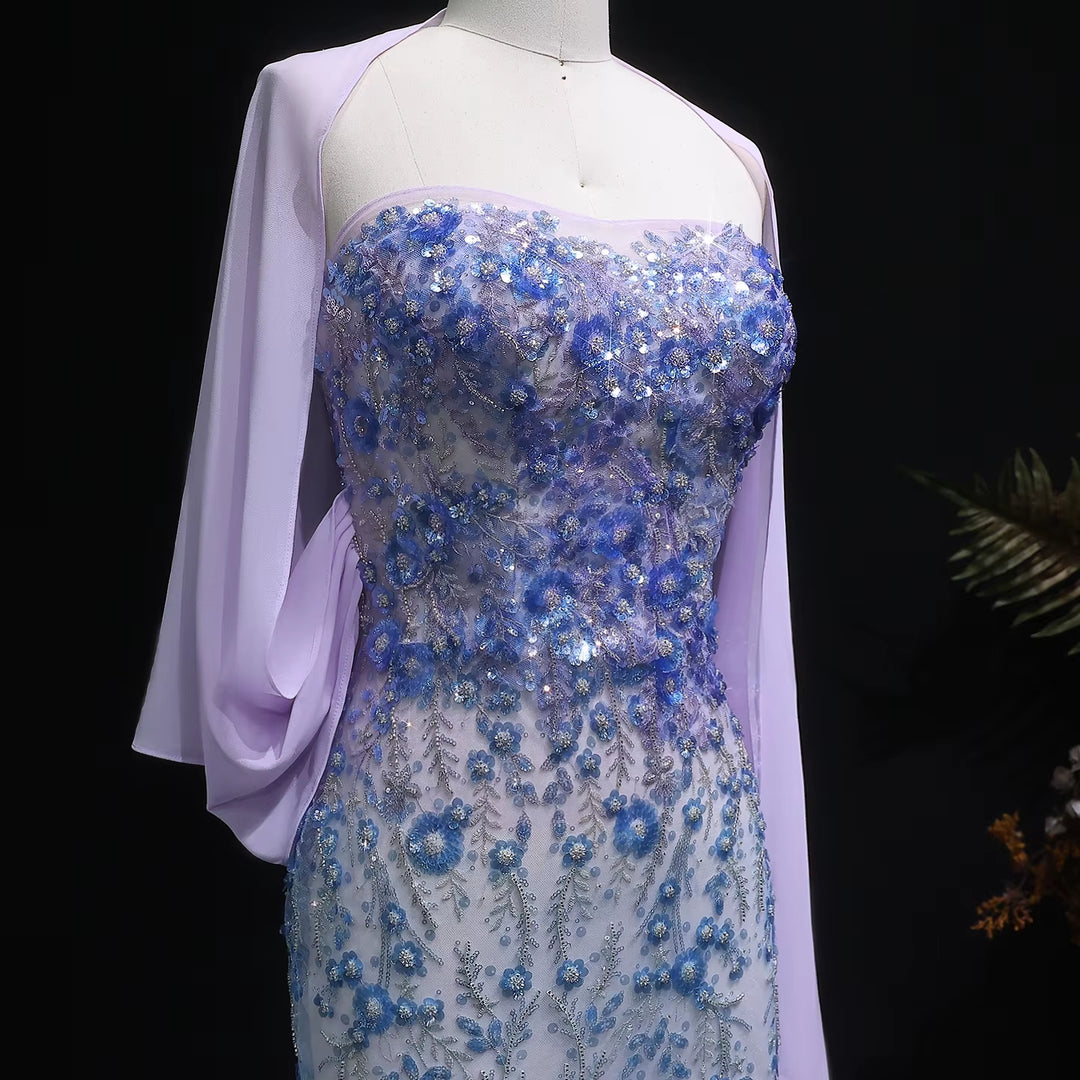 Elegant Lilac Crystal Beaded Evening Dress with Flowing Cape SS641