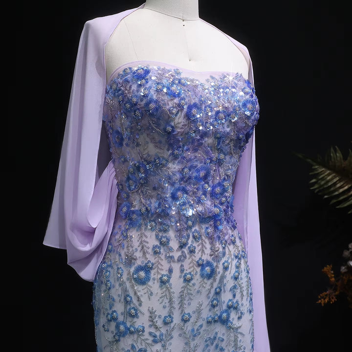 Elegant Lilac Crystal Beaded Evening Dress with Flowing Cape SS641