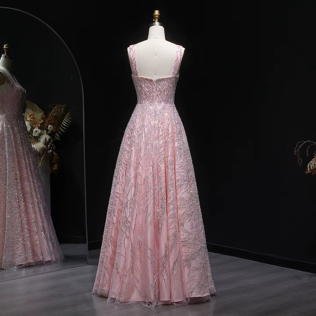 Elegant Pink Beaded Sequin A-Line Sleeveless Evening Dress SS702