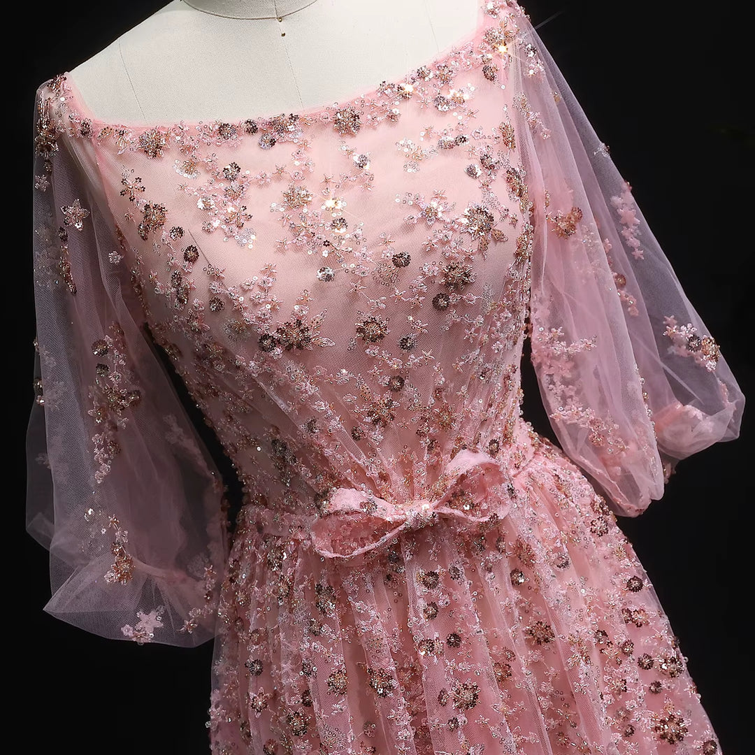 Luxury Pink Sequin Beaded Evening Gown with Elegant Bow SS230