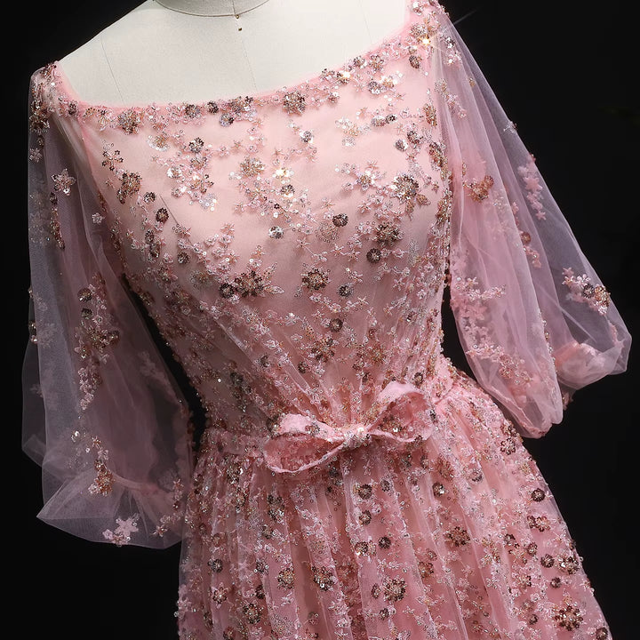 Luxury Pink Sequin Beaded Evening Gown with Elegant Bow SS230