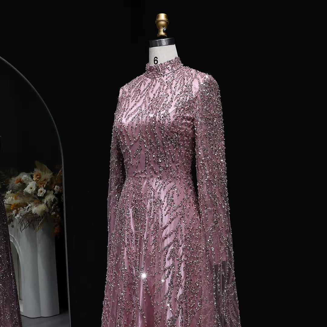 Luxury Dusty Pink High Neck Sequin Embellished Evening Dress SS621