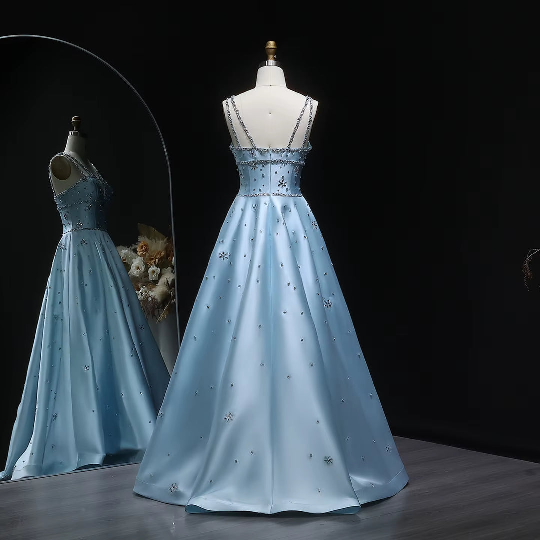 Luxury Blue Satin Evening Dress with Crystal Strap SS428