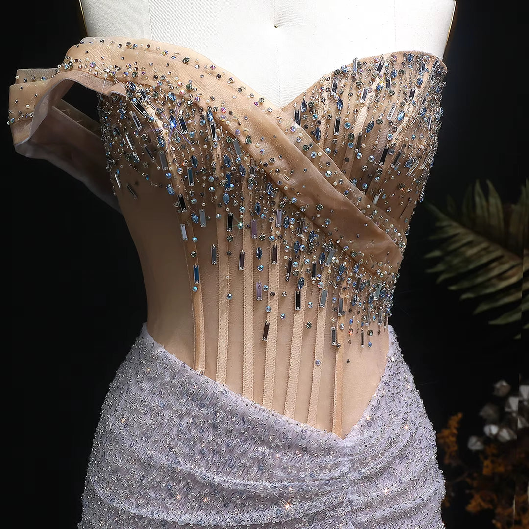 Elegant Silver Crystal Beaded Evening Dress with High Slit SS563