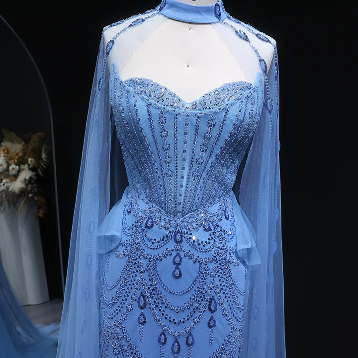 Luxury Beaded Blue Evening Gown with Cape Sleeves and Overskirt SS092