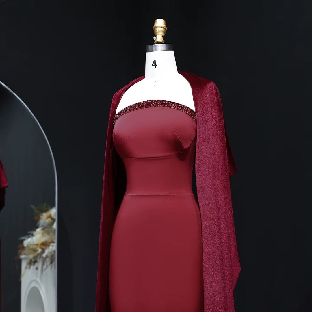 Elegant Wine Red Strapless Evening Dress with Cape SF005