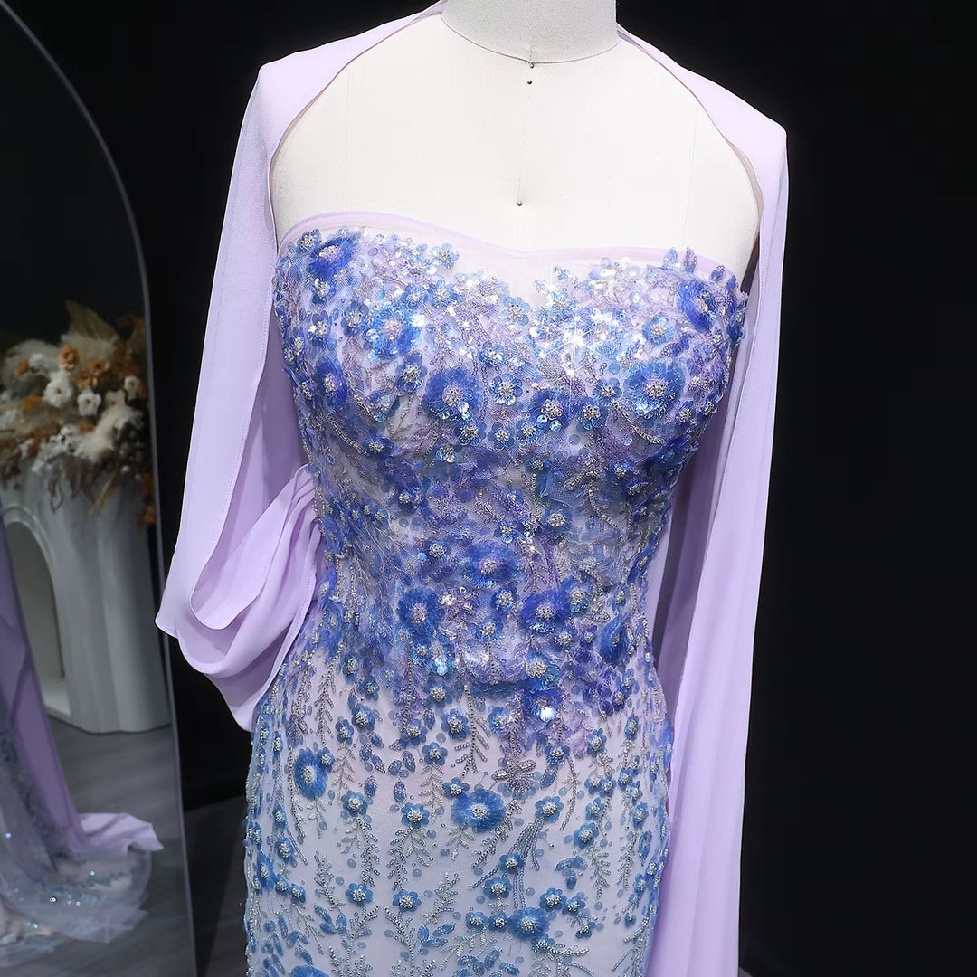 Elegant Lilac Crystal Beaded Evening Dress with Flowing Cape SS641