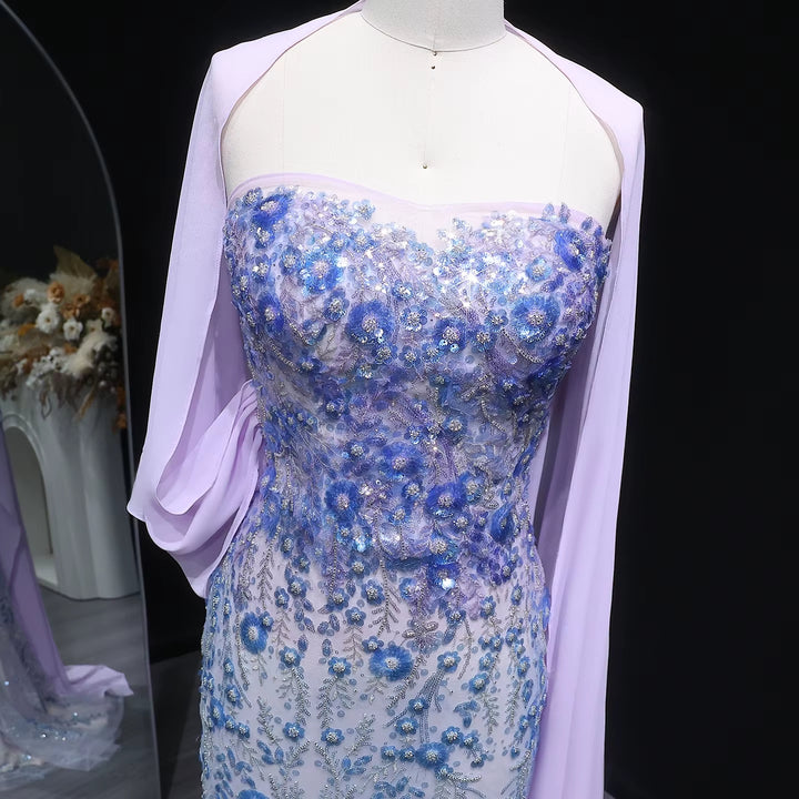 Elegant Lilac Crystal Beaded Evening Dress with Flowing Cape SS641