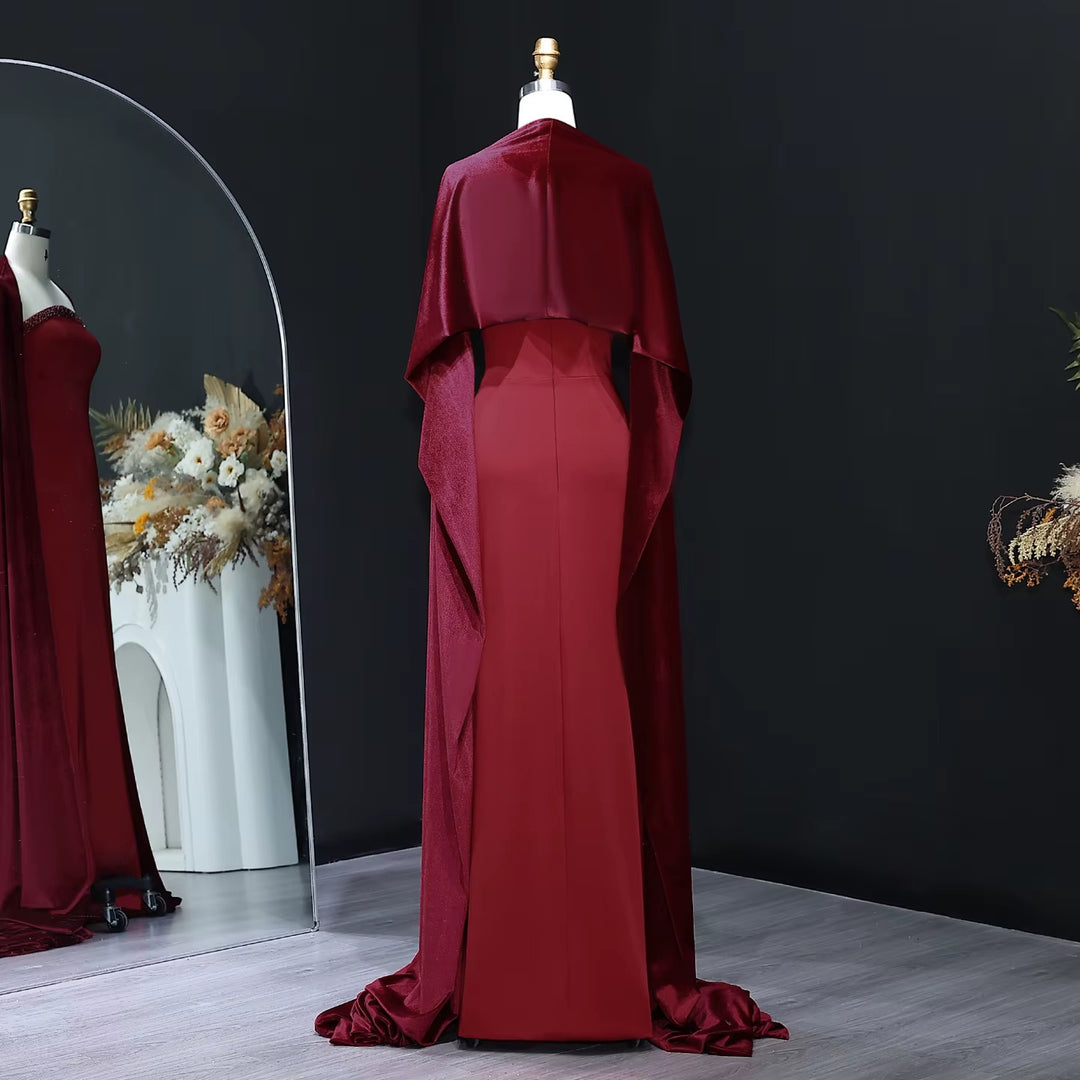 Elegant Wine Red Strapless Evening Dress with Cape SF005