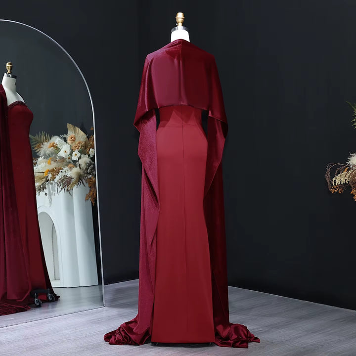 Elegant Wine Red Strapless Evening Dress with Cape SF005