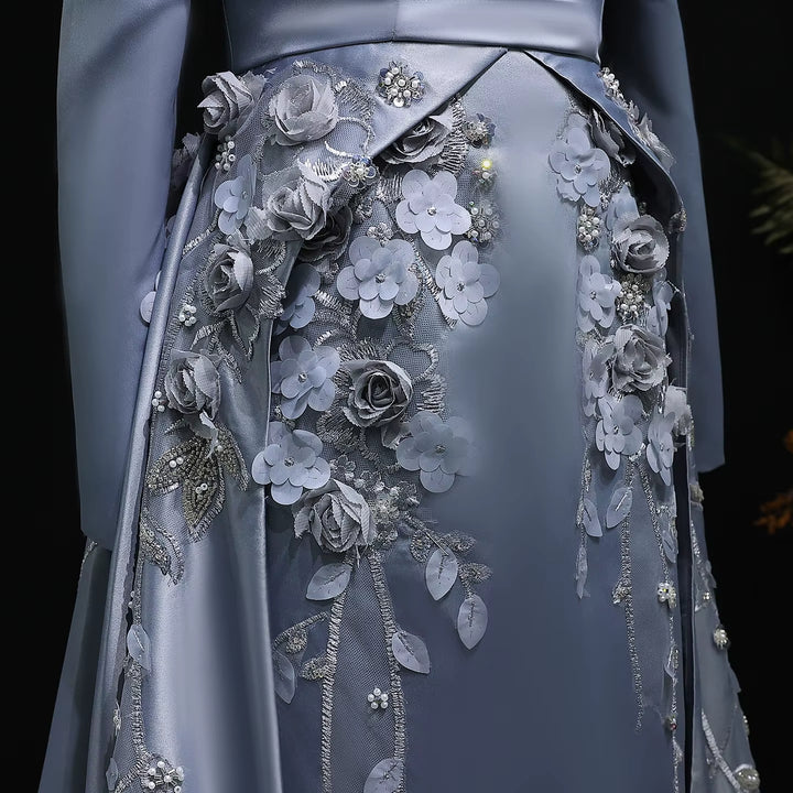 Luxury Gray Beaded Evening Dress with 3D Floral Overskirt SS228