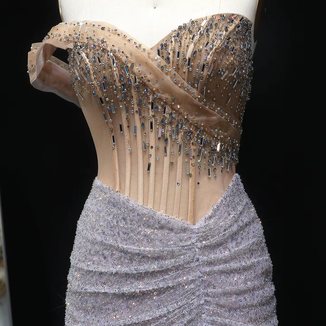 Elegant Silver Crystal Beaded Evening Dress with High Slit SS563