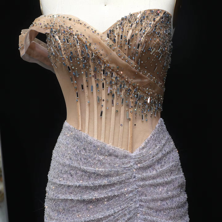 Elegant Silver Crystal Beaded Evening Dress with High Slit SS563