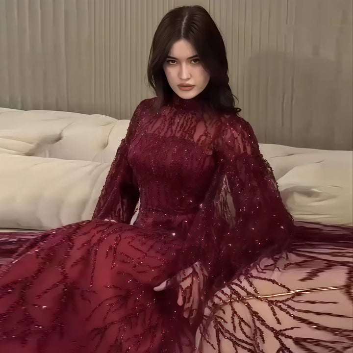 Luxury Dusty Pink High Neck Sequin Embellished Evening Dress SS621