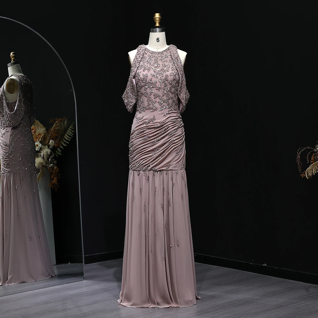Luxury Mauve Off Shoulder Beaded Evening Dress SS559