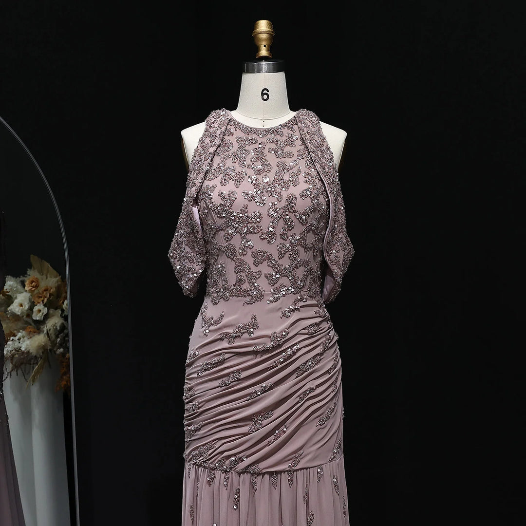 Luxury Mauve Off Shoulder Beaded Evening Dress SS559