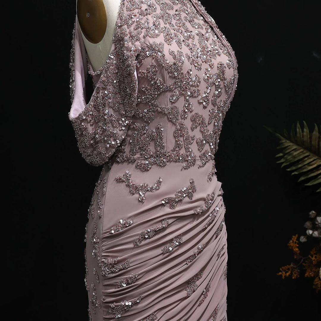 Luxury Mauve Off Shoulder Beaded Evening Dress SS559