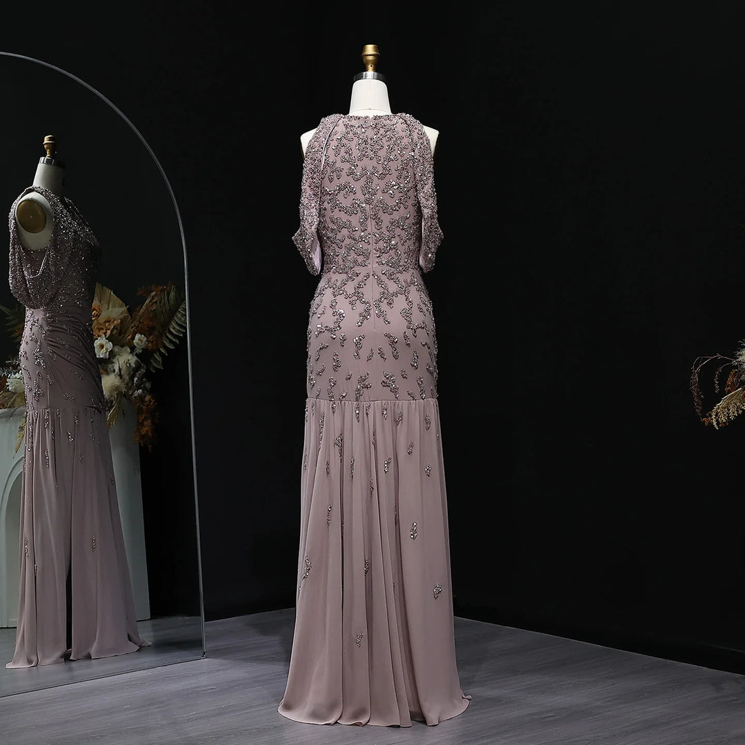 Luxury Mauve Off Shoulder Beaded Evening Dress SS559