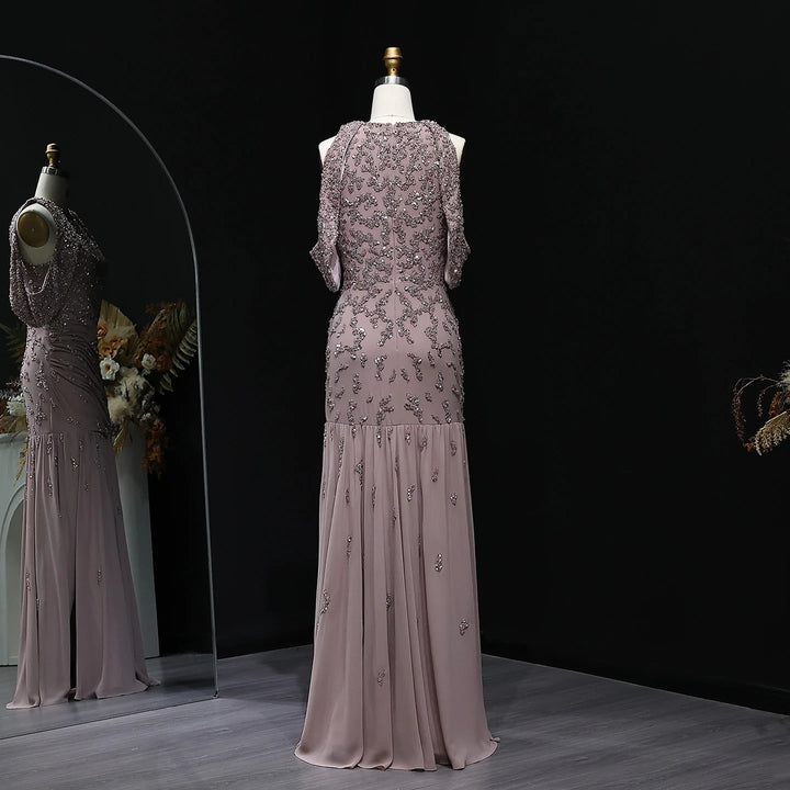 Luxury Mauve Off Shoulder Beaded Evening Dress SS559