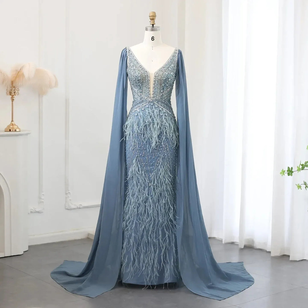 Luxury Mermaid Blue Feathers Evening Dress with Cape Sleeve Backless Prom Dresses for Women Wedding Party Gowns DreamyVow Luxury Mermaid Blue Feathers Evening Dress with Cape Sleeve Backless Prom Dresses for Women Wedding Party Gowns DreamyVow