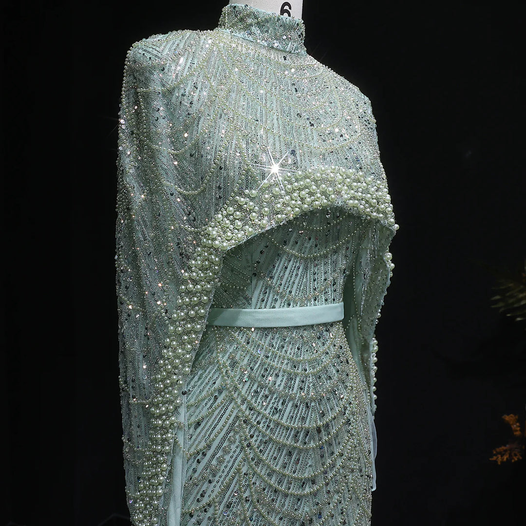 Nude Luxury Long Sleeves Muslim Evening Dresses with Cape SS369A