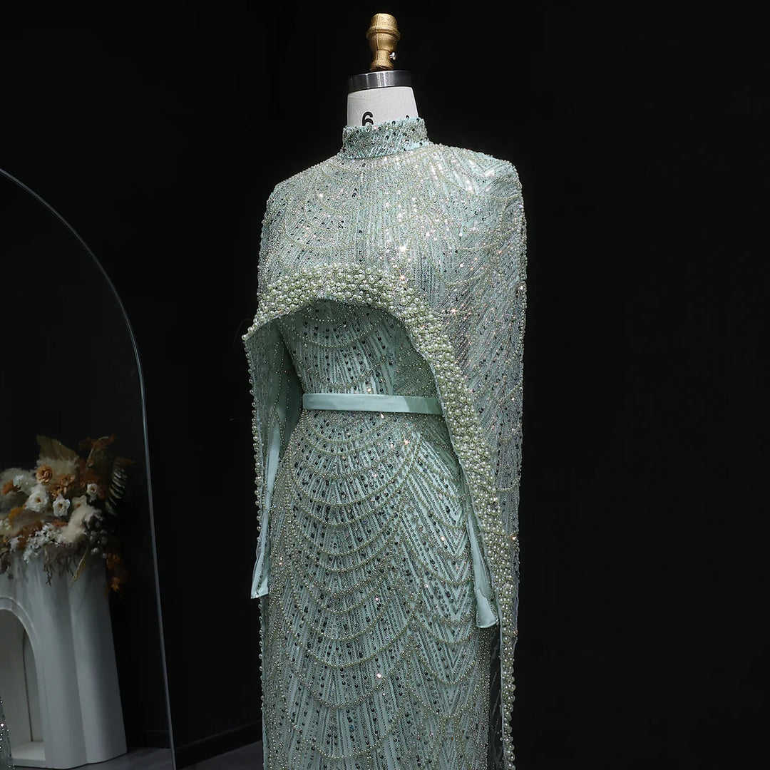 Nude Luxury Long Sleeves Muslim Evening Dresses with Cape SS369A