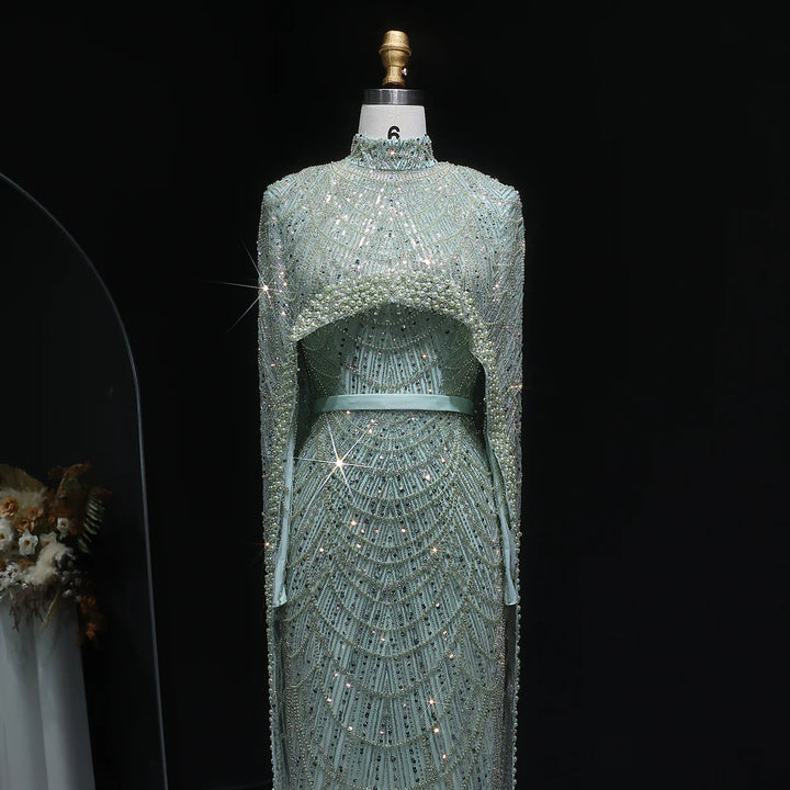 Nude Luxury Long Sleeves Muslim Evening Dresses with Cape SS369A