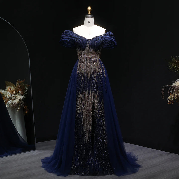 Luxury Beaded Corset Evening Gown with Dramatic Overskirt SS717