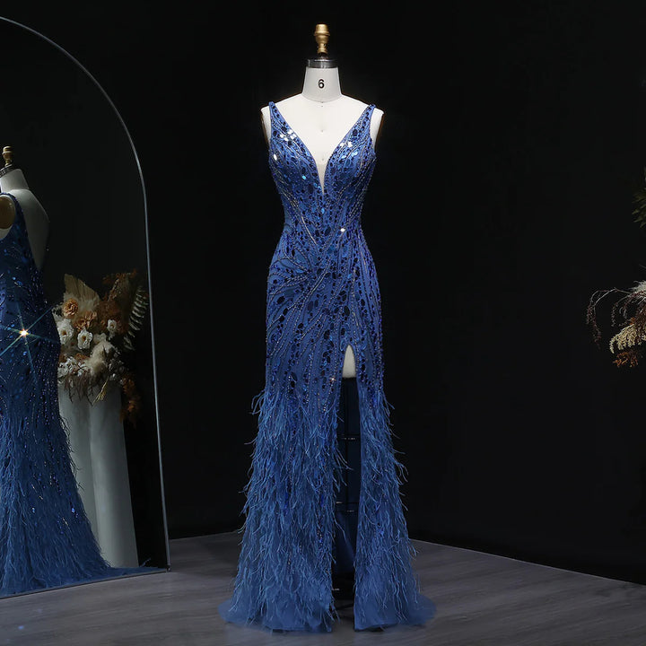 Glamorous Feather Beaded Evening Dress with High Slit SS066