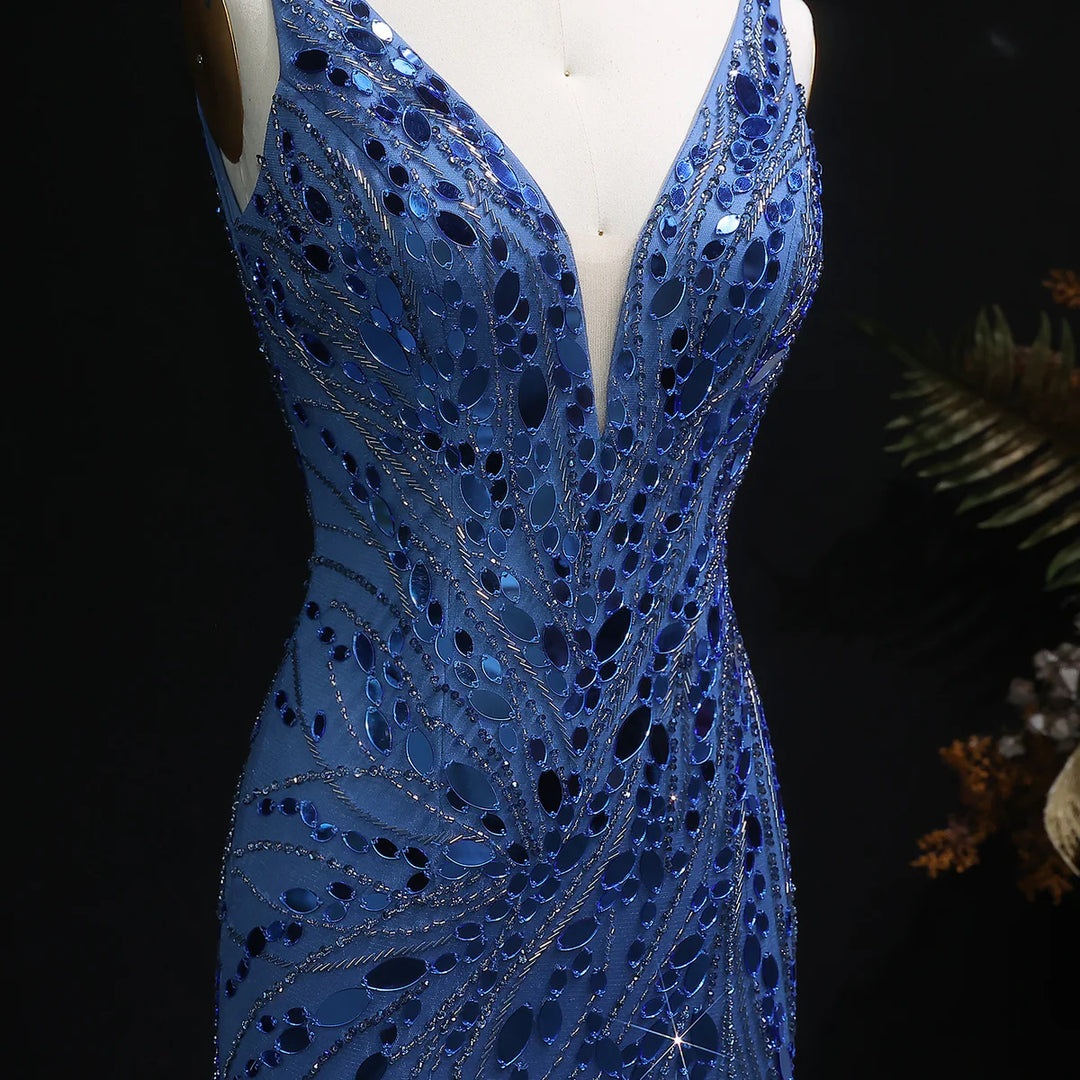 Glamorous Feather Beaded Evening Dress with High Slit SS066