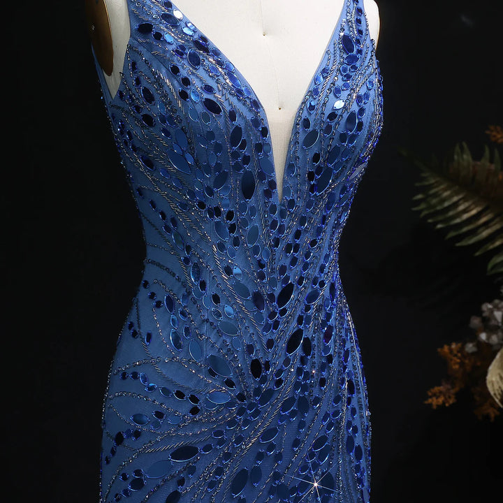 Glamorous Feather Beaded Evening Dress with High Slit SS066