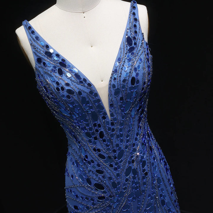 Glamorous Feather Beaded Evening Dress with High Slit SS066