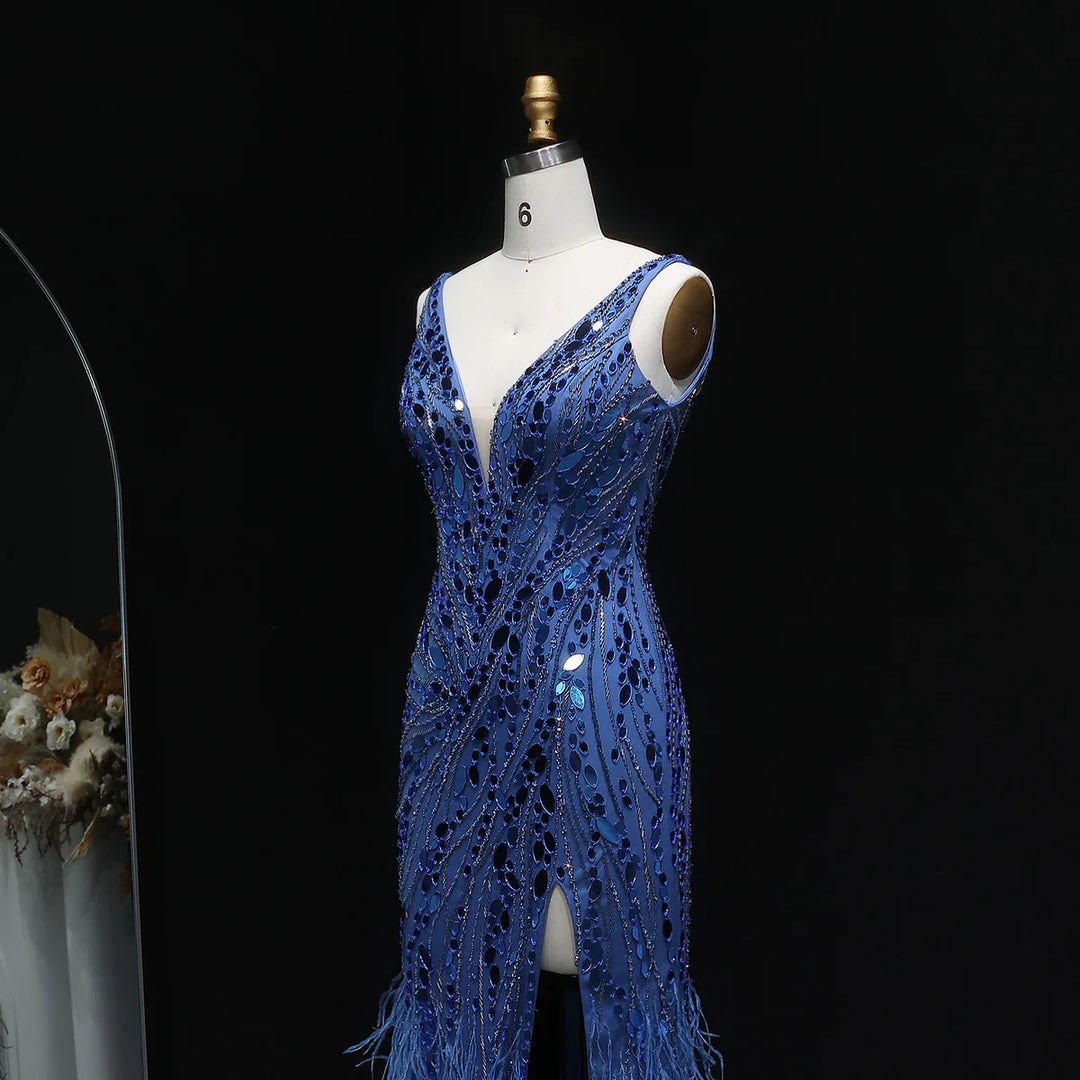 Glamorous Feather Beaded Evening Dress with High Slit SS066