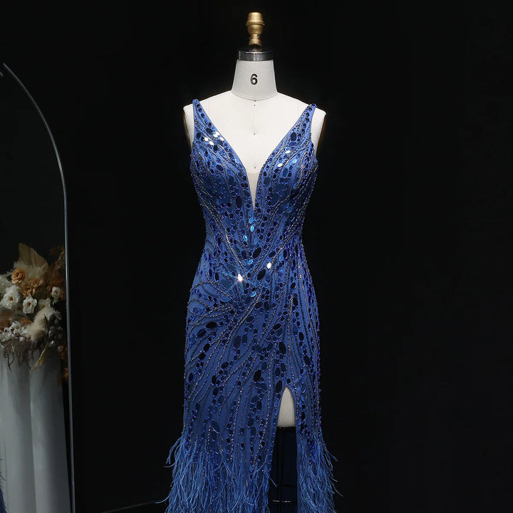 Glamorous Feather Beaded Evening Dress with High Slit SS066