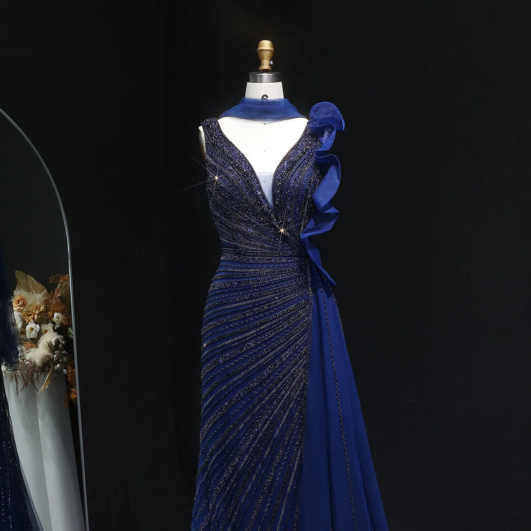 Luxury Burgundy Mermaid Evening Dress with Sparkling Beads, Scarf and Overskirt SS189